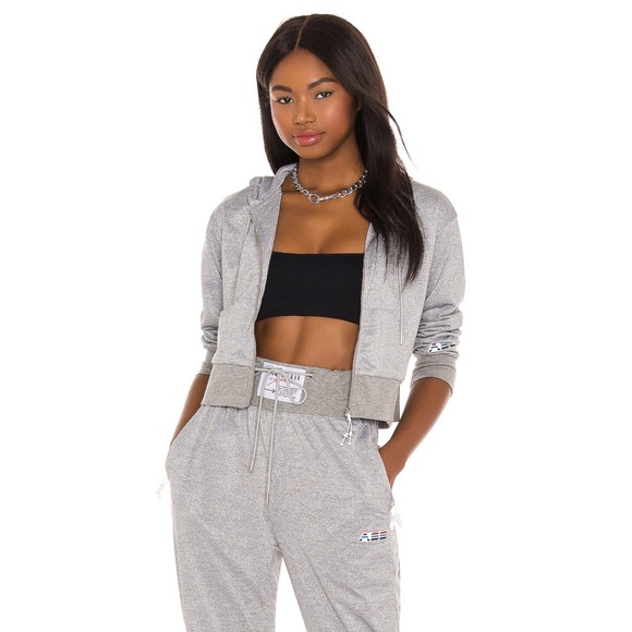 New Adam Selman sport lurex jersey shrunken hoodie in Grey Large - Picture 2 of 6
